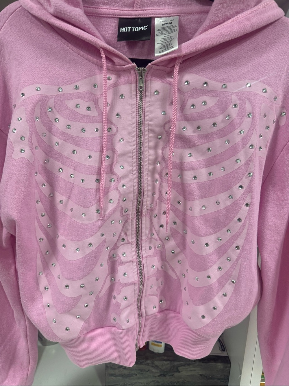 Hot Topic Pink Rhinestone Skeleton Zip-Up Hoodie Size Medium - Picture 4 of 7